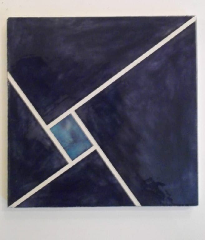 A painting of a blue and white square