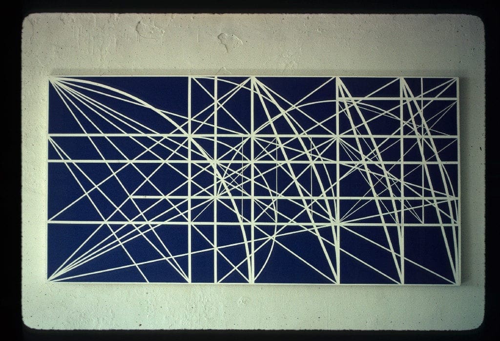 A blue and white painting with lines on it