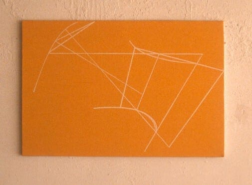 A painting of an orange wall with white lines.