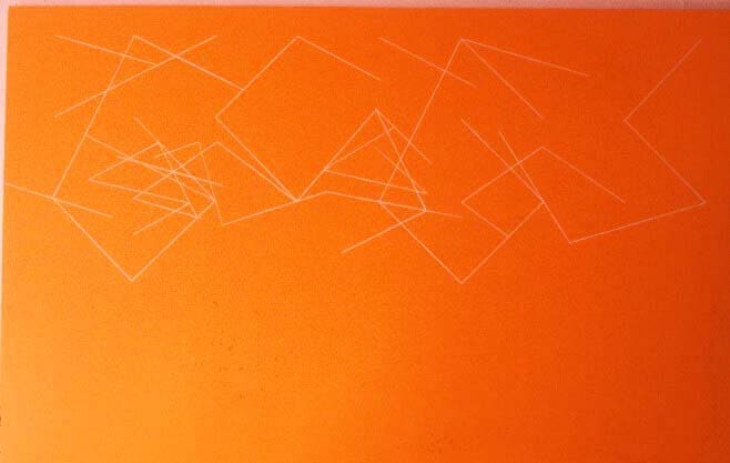 A close up of the orange wall with white lines drawn on it