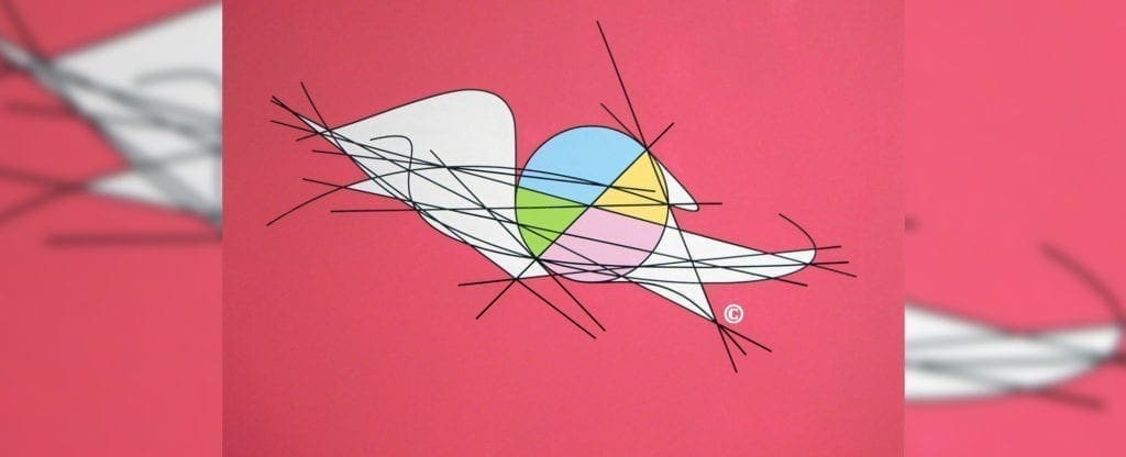 A pink wall with a drawing of a bird and some strings.