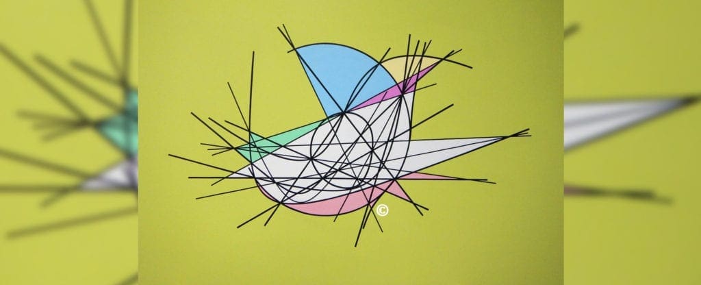 A painting of a bird with many lines drawn on it.