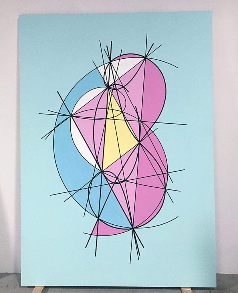 Turquoise canvas with overlapping pink and blue forms