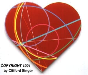 A red heart with colorful lines on it.