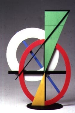 A painting of a circle and triangle with a red, yellow, green, blue, and white background.