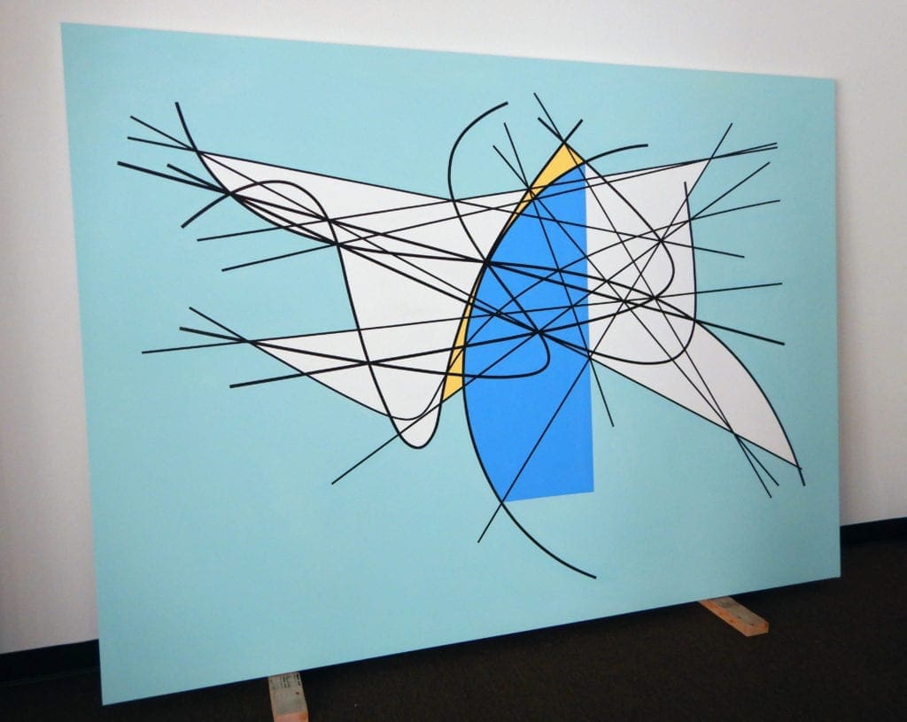 Teal canvas with black scribbles and blue shape