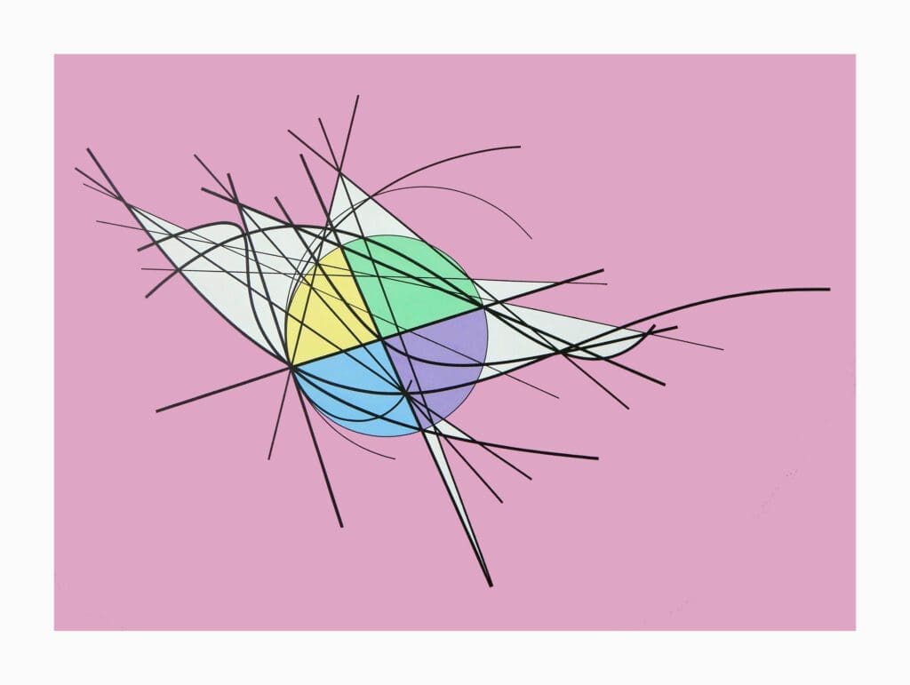 A drawing of a colorful ball and some lines