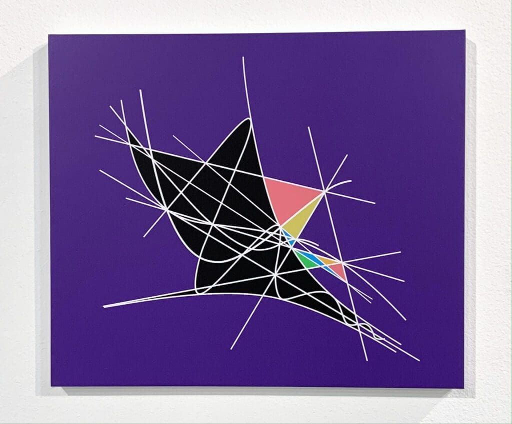 A painting of a black bird with colorful triangles on it.