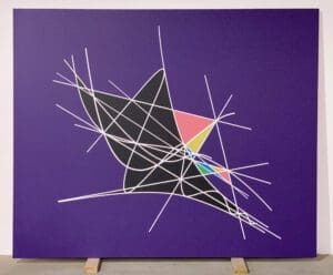 A painting of a black and white triangle with pink, yellow, blue and purple.