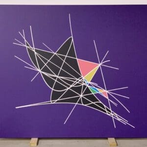 A painting of a black and white triangle with pink, yellow, blue and purple.