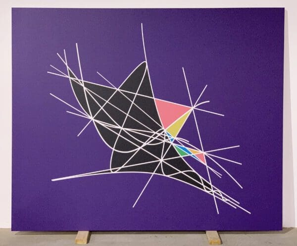 A painting of a black and white triangle with pink, yellow, blue and purple.