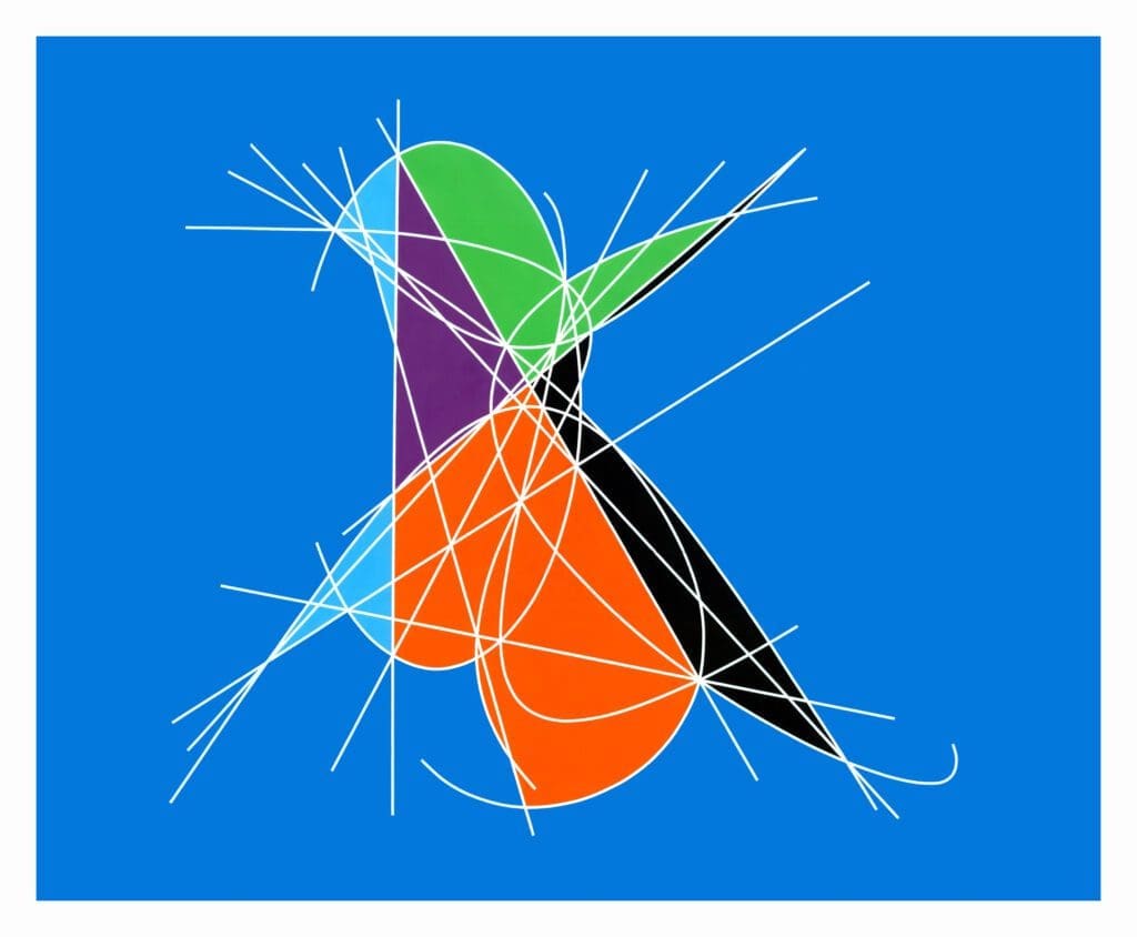 A colorful abstract drawing of birds on blue background.