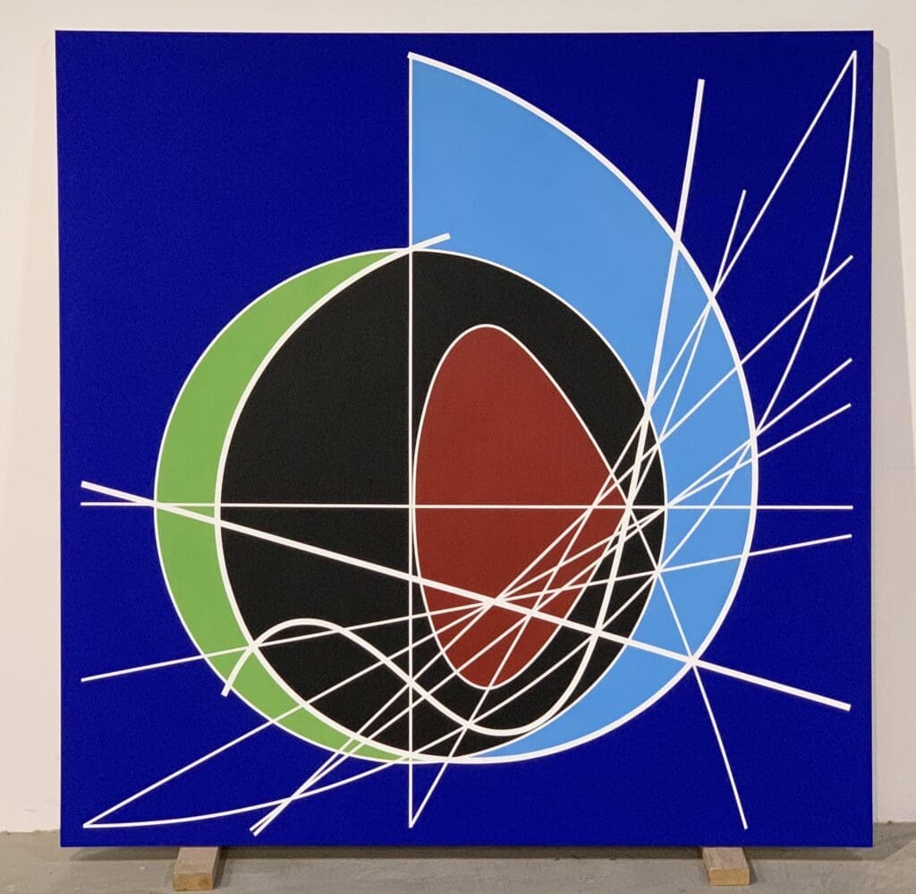 Bold cobalt background framing layered orbital shapes