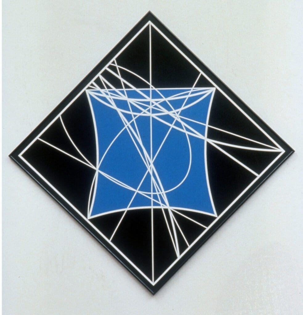 Modern black rhombus artwork with blue center