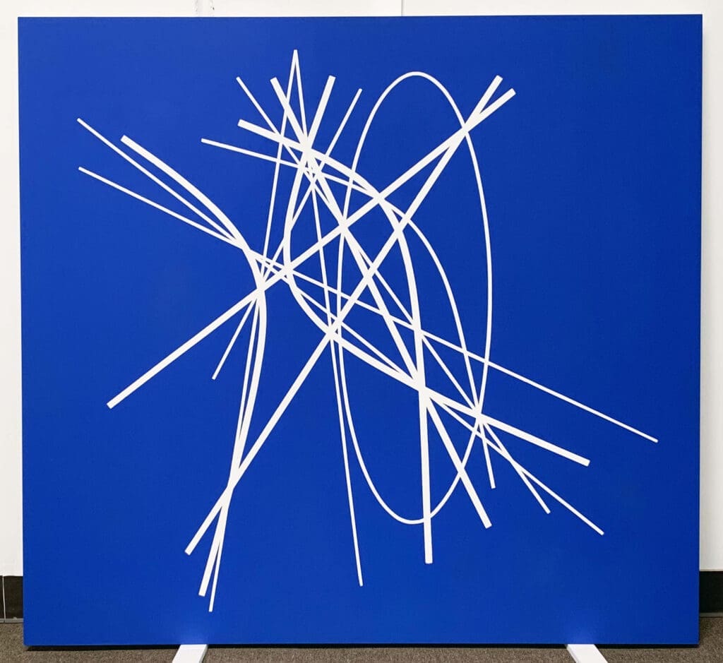 Cobalt painting with bold white arcs and strokes