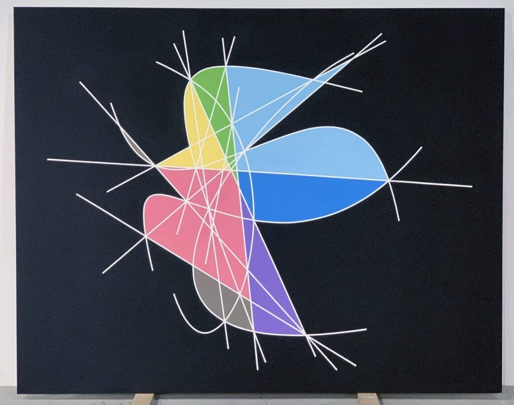 Abstract colorful lobes connected by thin white lines