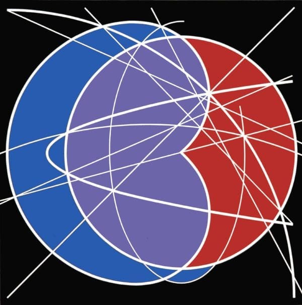 A blue and red circle with white lines around it.