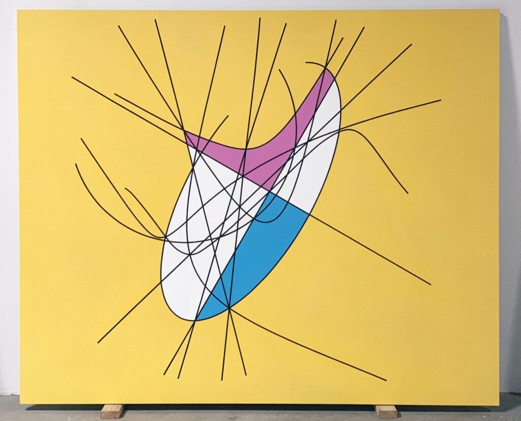A painting of a surfboard with lines coming out it.