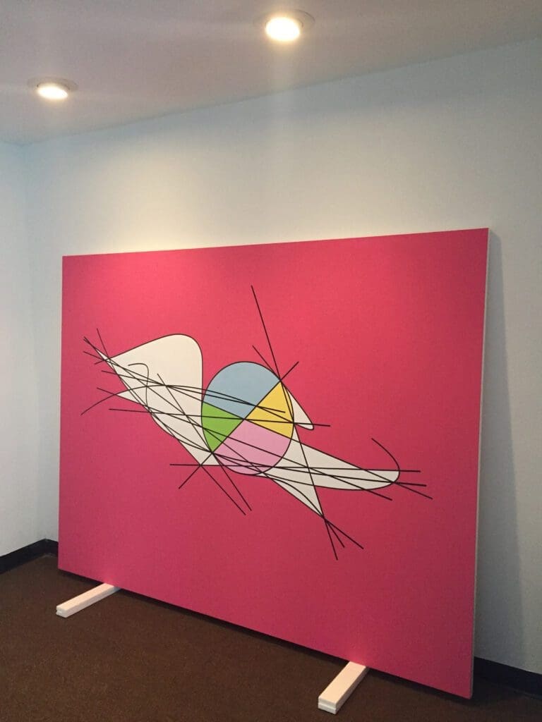 Magenta panel featuring abstract bird silhouette