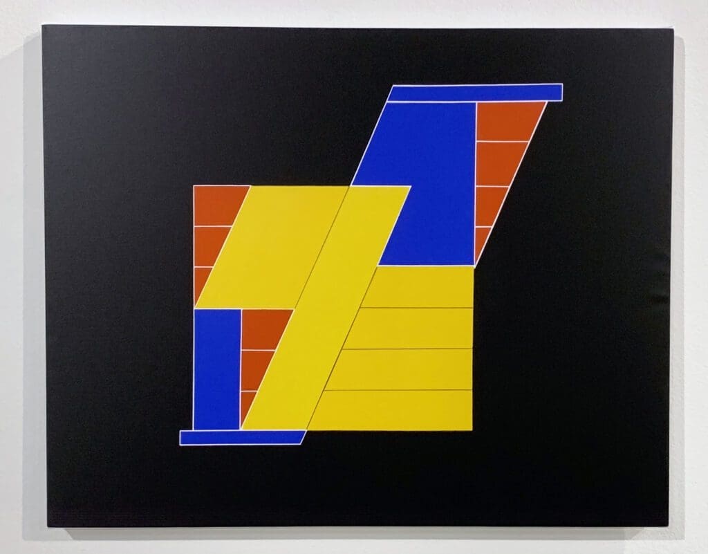 A painting of a colorful geometric design on black.