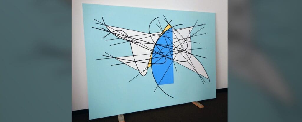 A painting of a butterfly with blue and yellow lines on it.