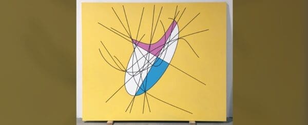 A painting of a blue, white and pink abstract shape.