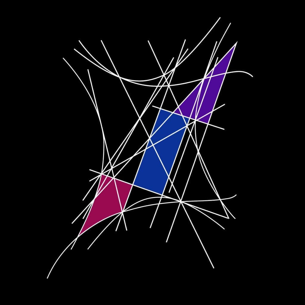 A black background with white lines and purple and blue shapes.