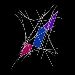 A black background with white lines and purple and blue shapes.