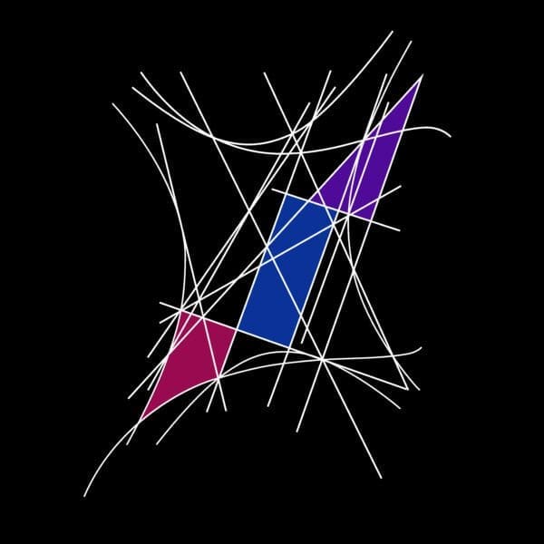 A black background with white lines and purple and blue shapes.