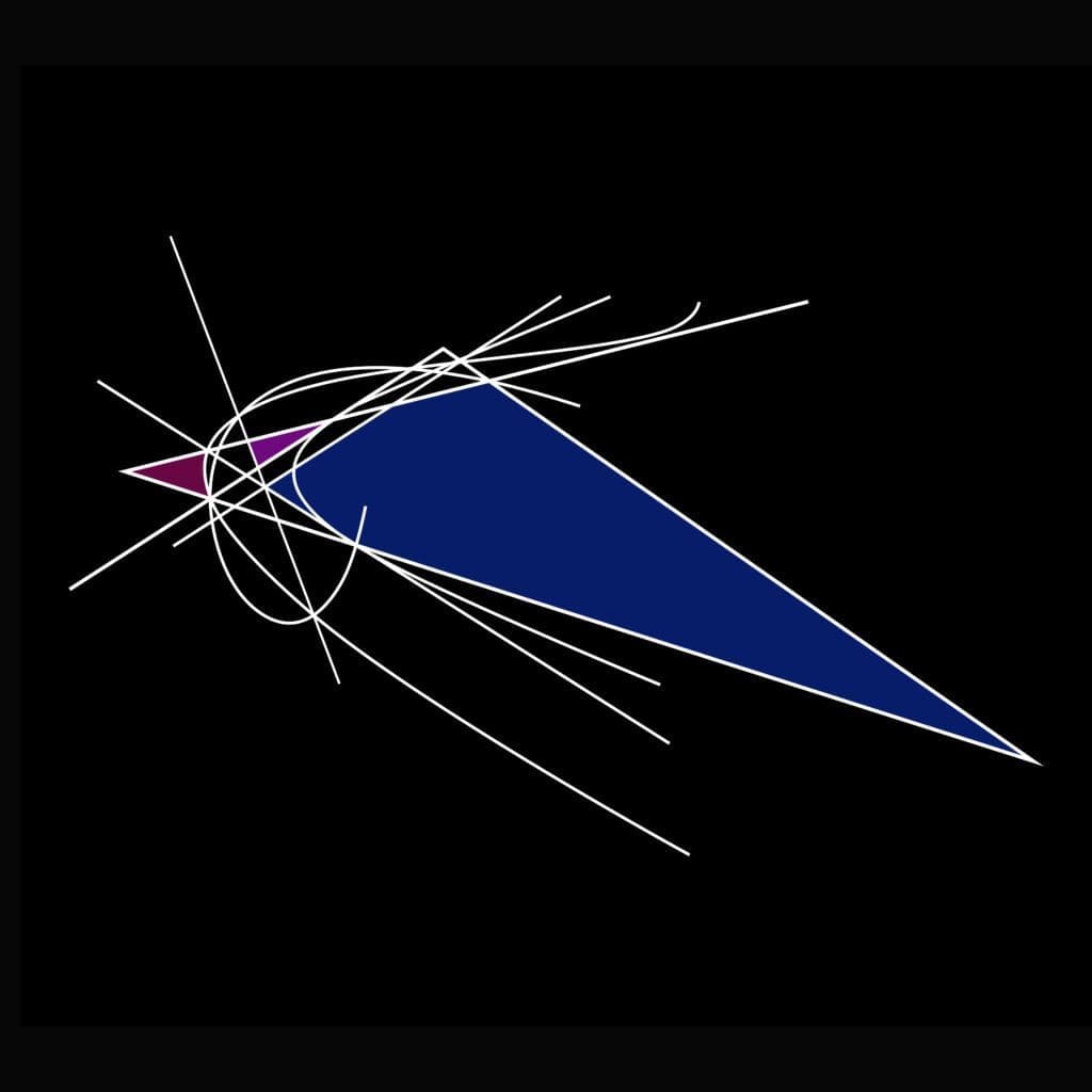 A blue and white triangle with red points