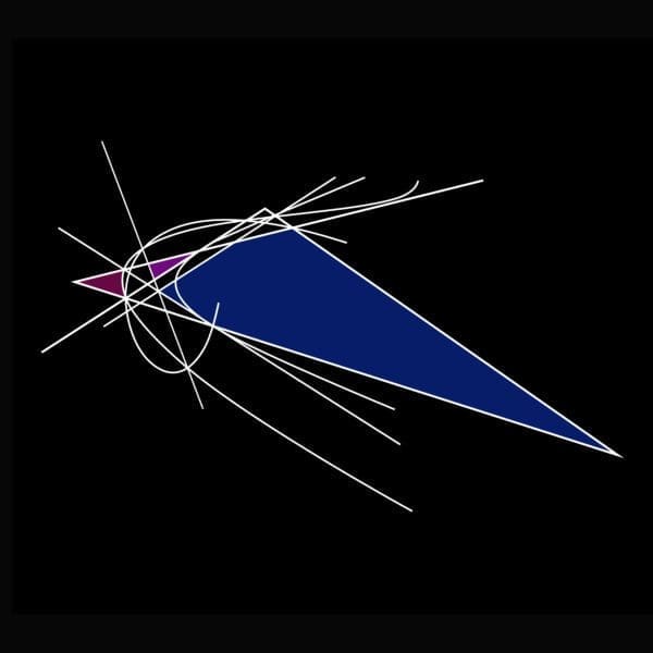 A blue and white triangle with red points