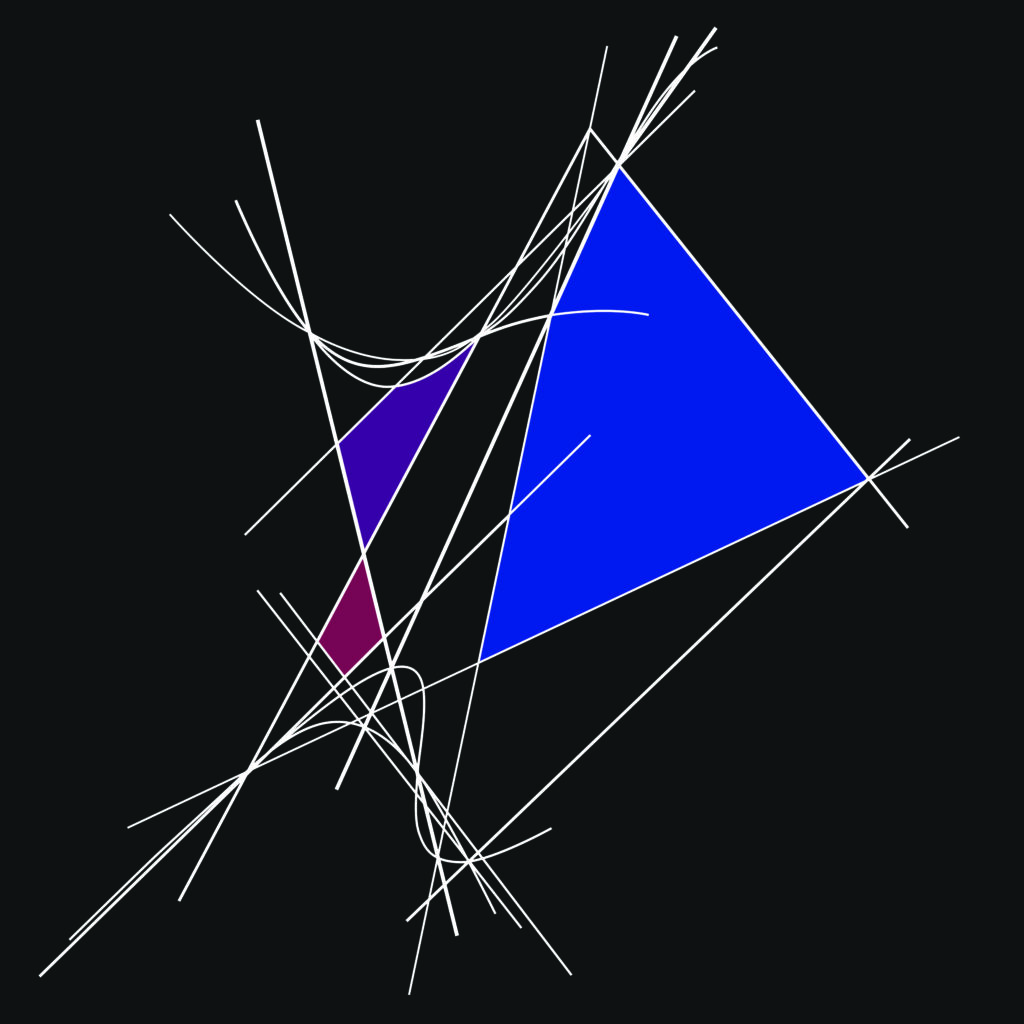 A blue triangle and purple triangles are connected.