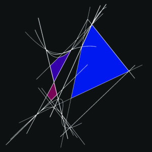 A blue triangle and purple triangles are connected.