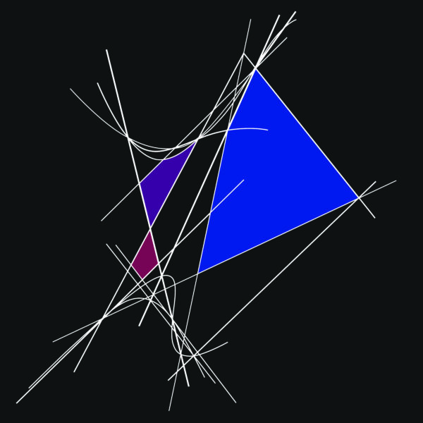 A blue triangle and purple triangles are connected.