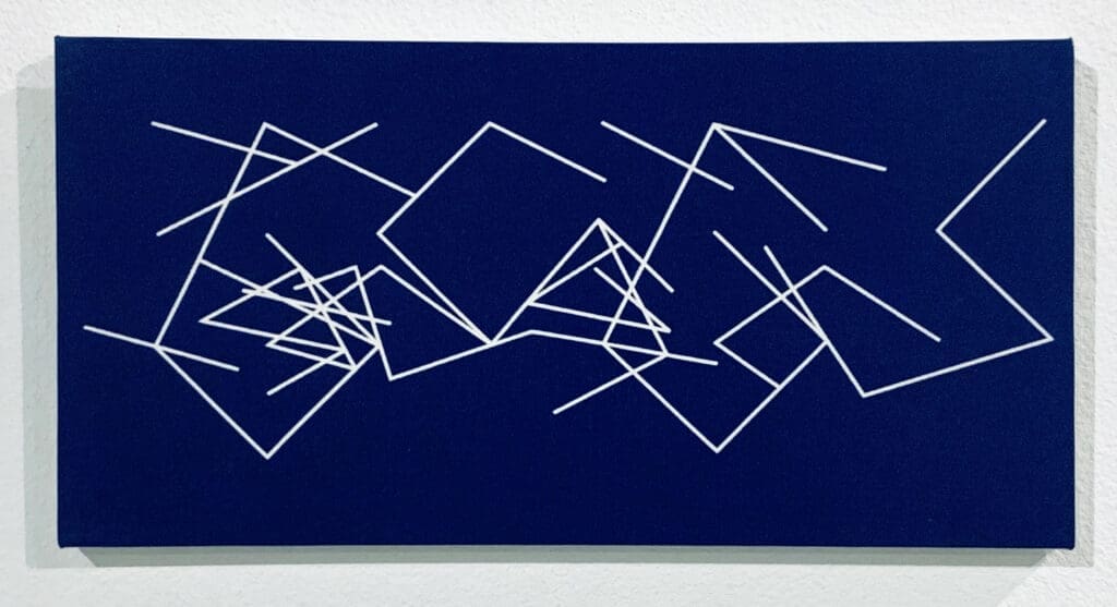 Abstract blue painting of overlapping white diamonds