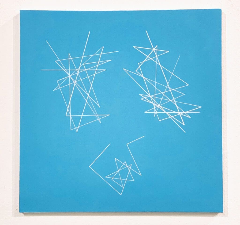 Minimalist blue artwork with thin white polygons