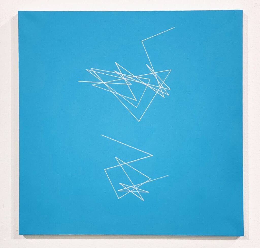 Blue square painting with overlapping white angular scribbles