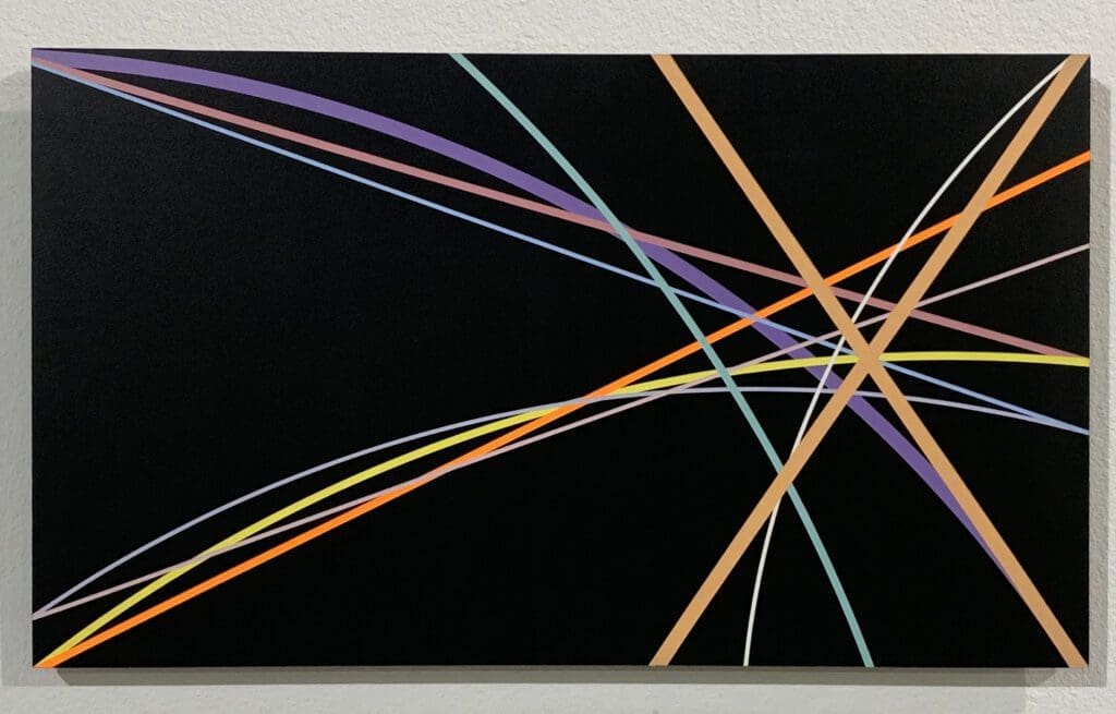 A painting of lines on black background with purple, orange and yellow.