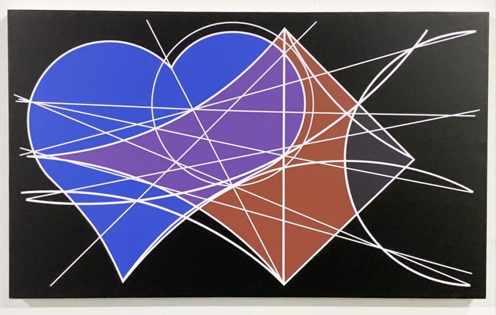 Abstract twin hearts intersected by white linear strokes