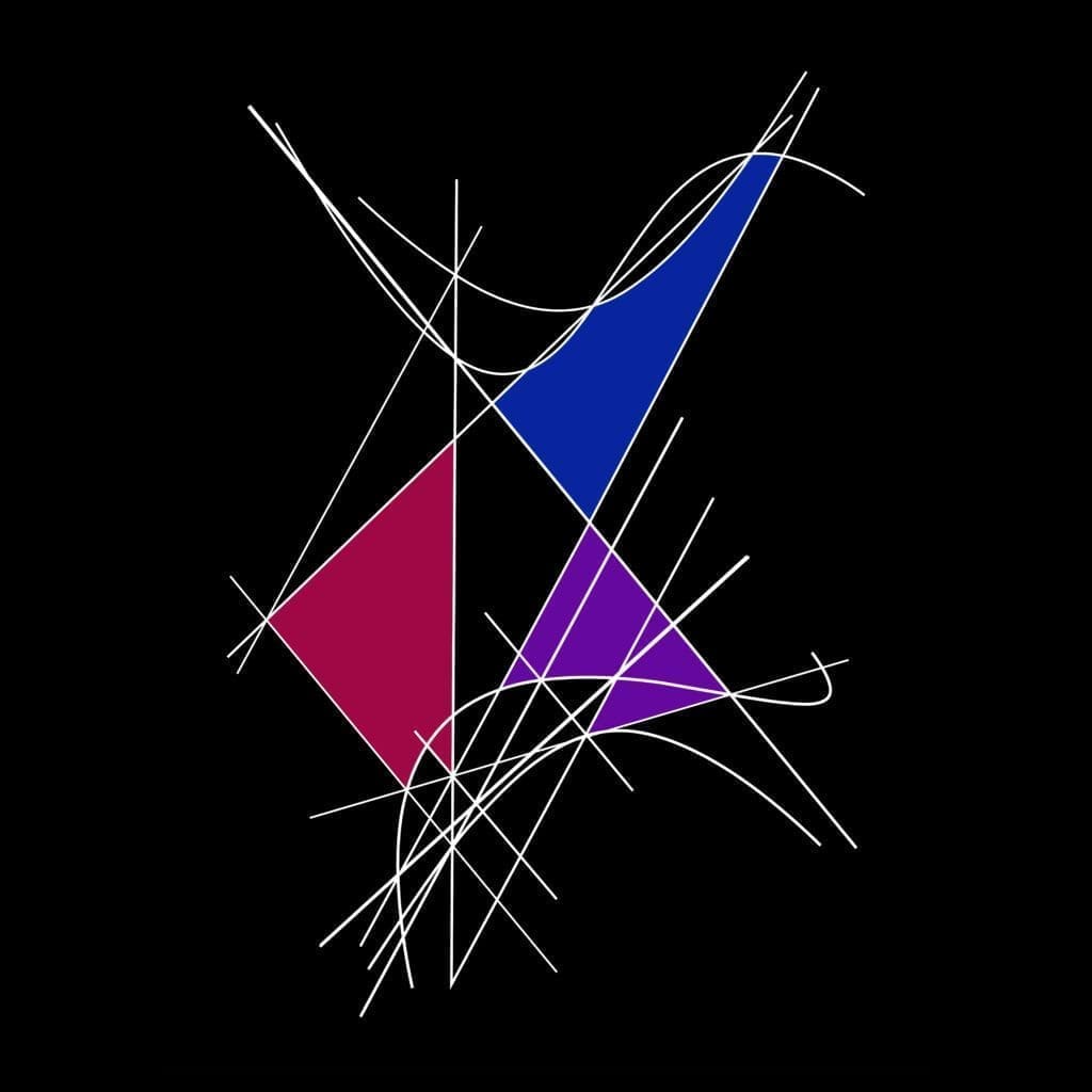 A black background with some white lines and two purple triangles