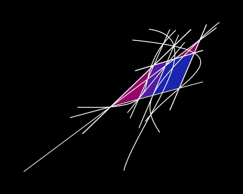 A drawing of a string with a purple and blue triangle on it.