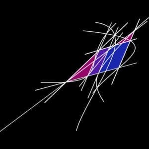 A drawing of a string with a purple and blue triangle on it.