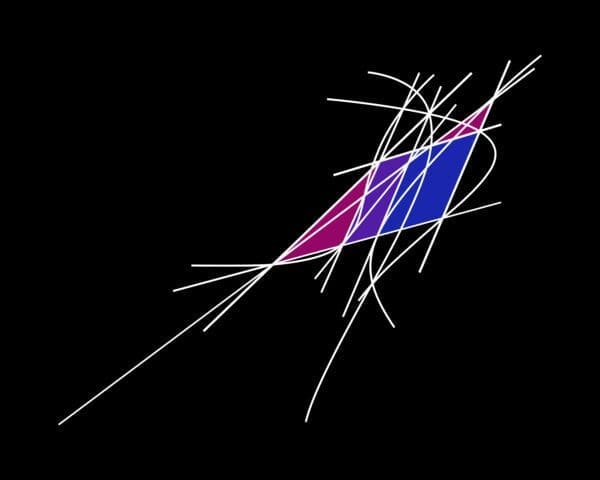 A drawing of a string with a purple and blue triangle on it.