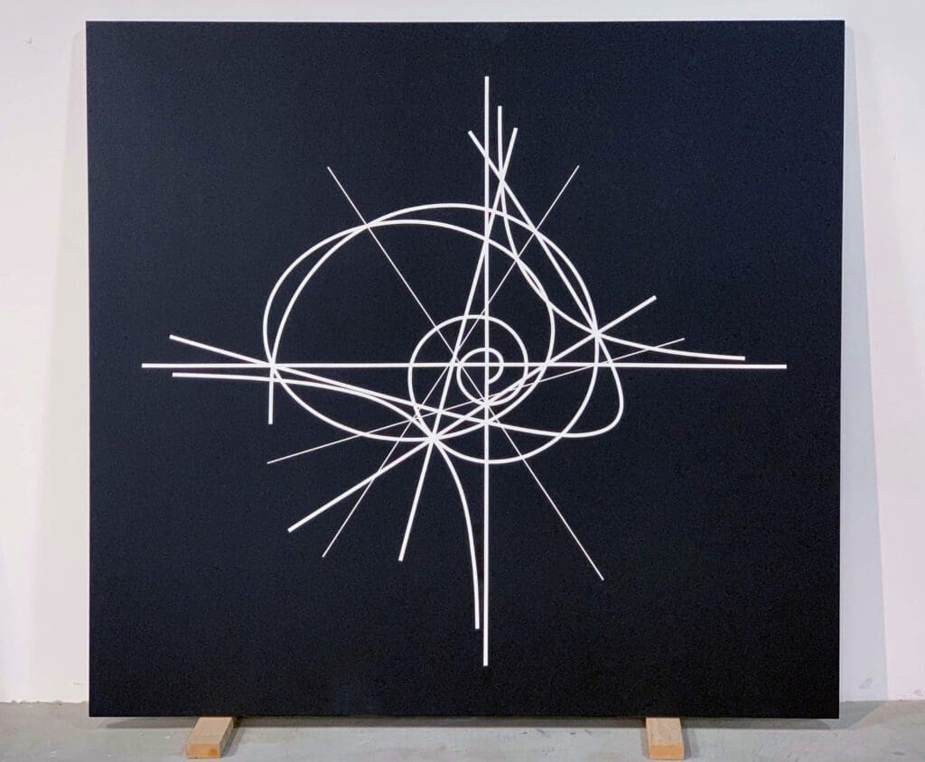 White spiral and radial lines on black canvas