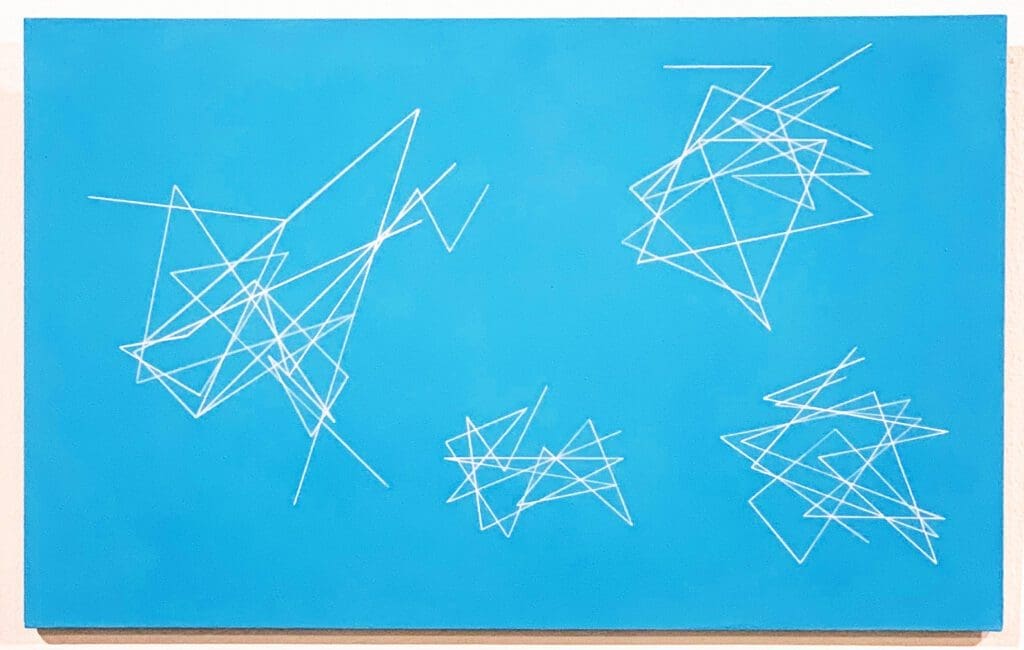 Turquoise canvas with four white geometric clusters