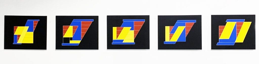 A series of three paintings on black paper.