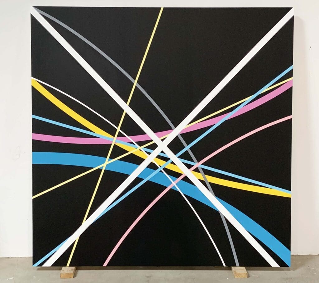 A painting of intersecting lines on black background.