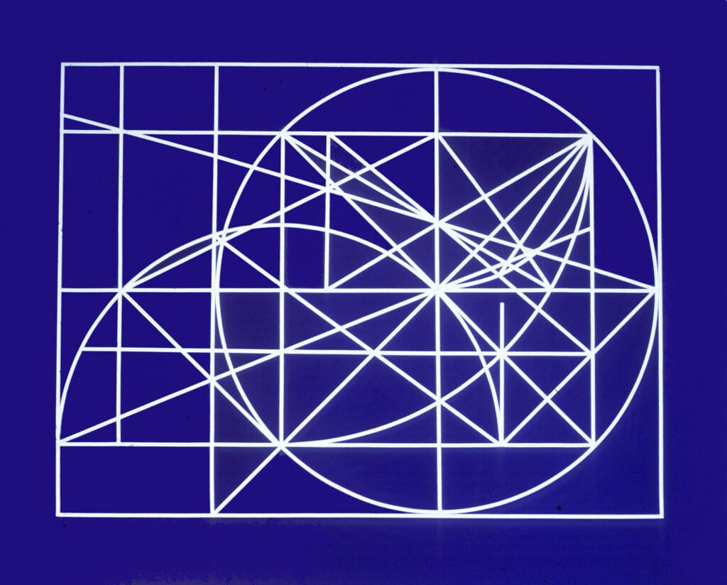 A blue background with white lines and shapes