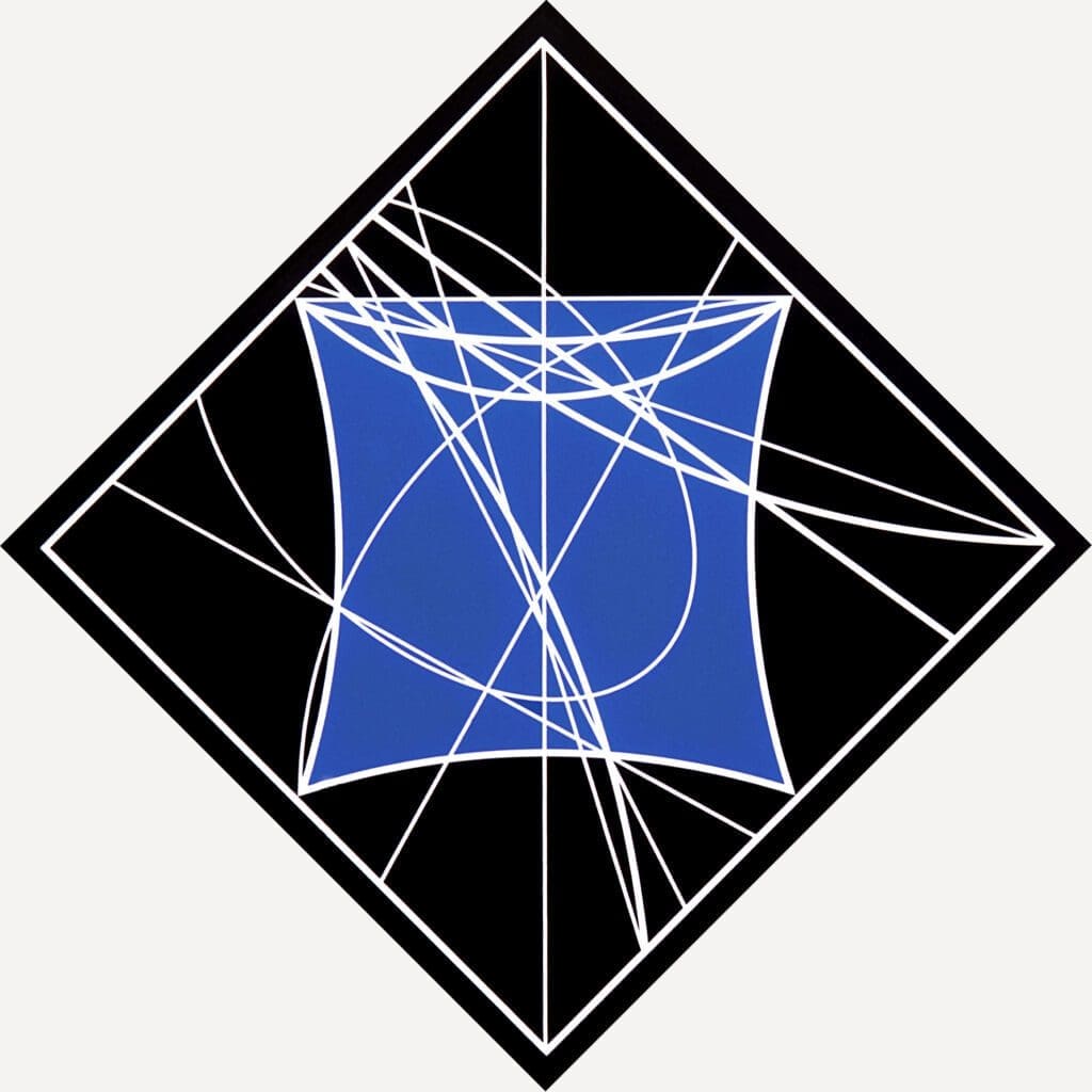 Diamond-shaped canvas with blue core and white lines