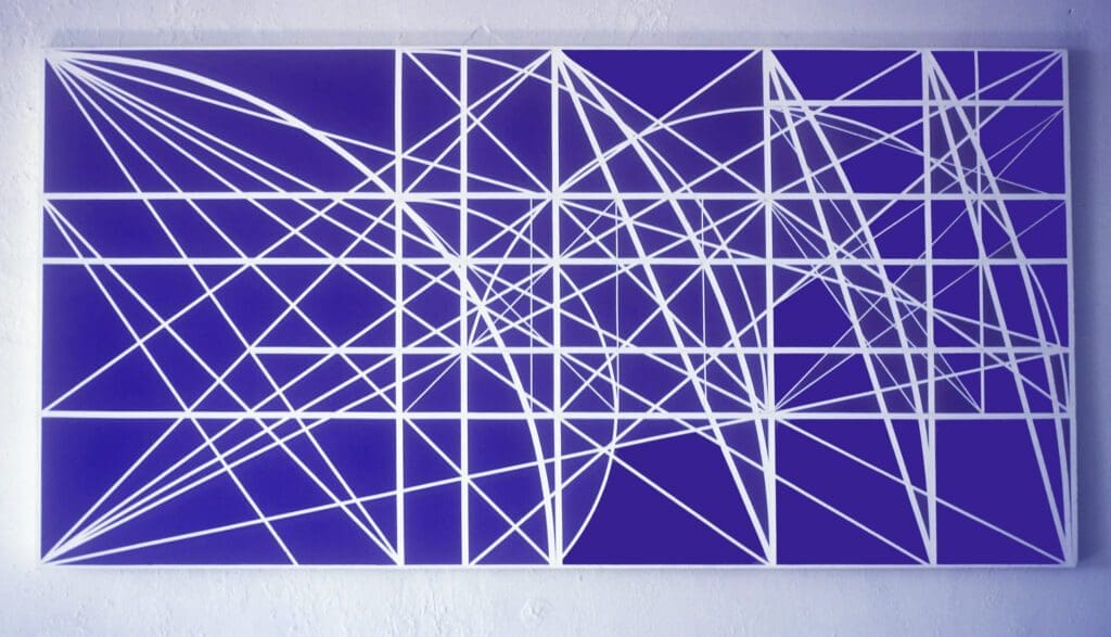 A blue and white painting with lines on it